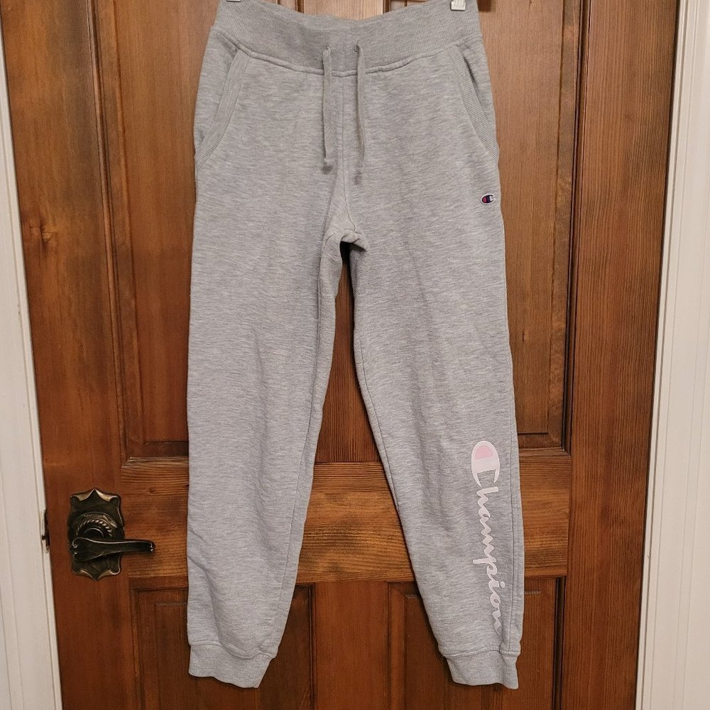 Kids Champion Grey Sweatpants with Pink Logo- Size Large